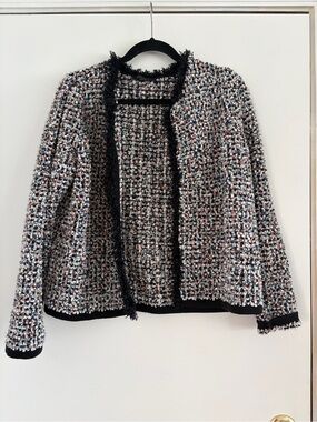 Ann Taylor Bouclé Fringe Trim Open-Front Jacket - Multi/Black